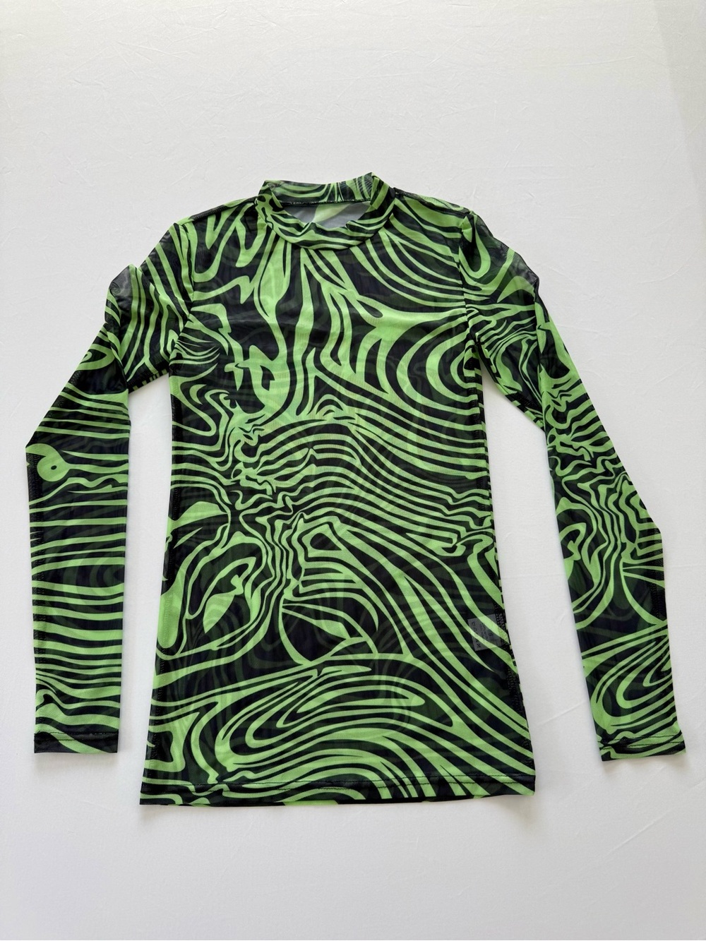 Men's Long Sleeve Mesh Top - Transparent Neon Green Wave Print